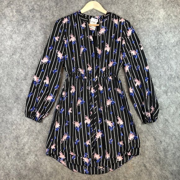 Maison Jules Dresses & Skirts - Maison Jules Dress S Striped Floral Black Shirtdress Above Knee Long Sleeve